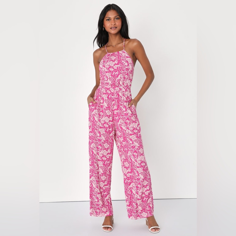 Lulus Bold Sensation Fuchsia Floral Print Tie-Back Halter Jumpsuit (XL)